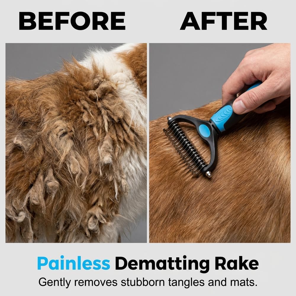 Emily Pets blue deshedding brush ergonomic handle close up detail