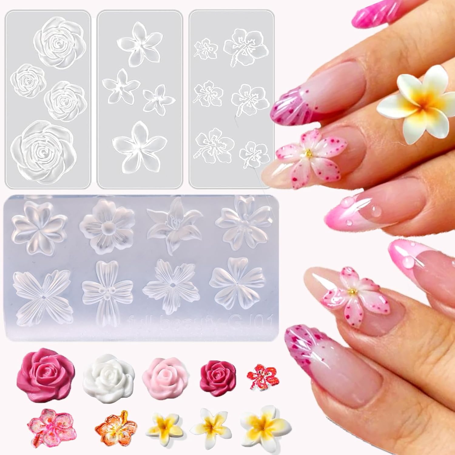 LIFOOST silicone nail molds 4 pieces set front view displaying clear floral patterns