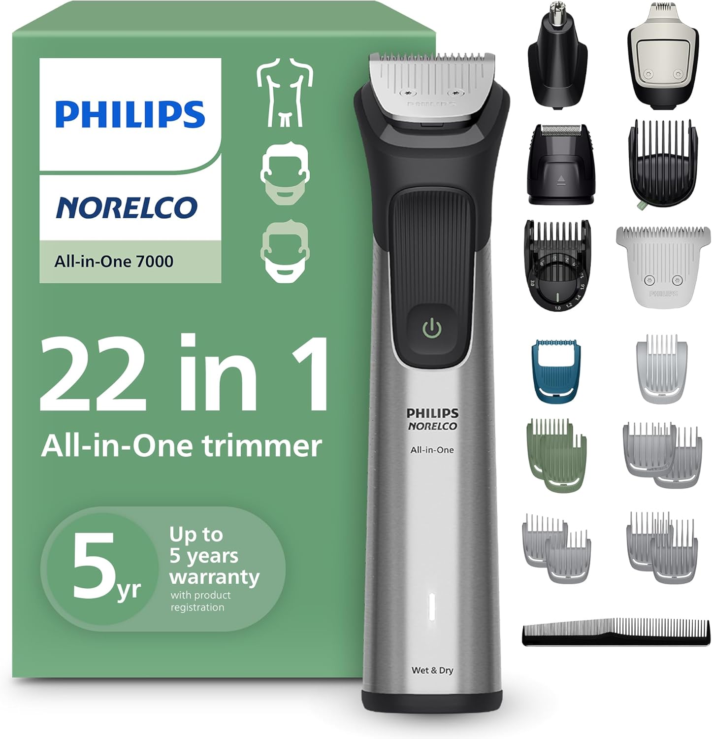Norelco Philips All in One 7000 Series 22 piece trimmer premium electric shaver kit front view