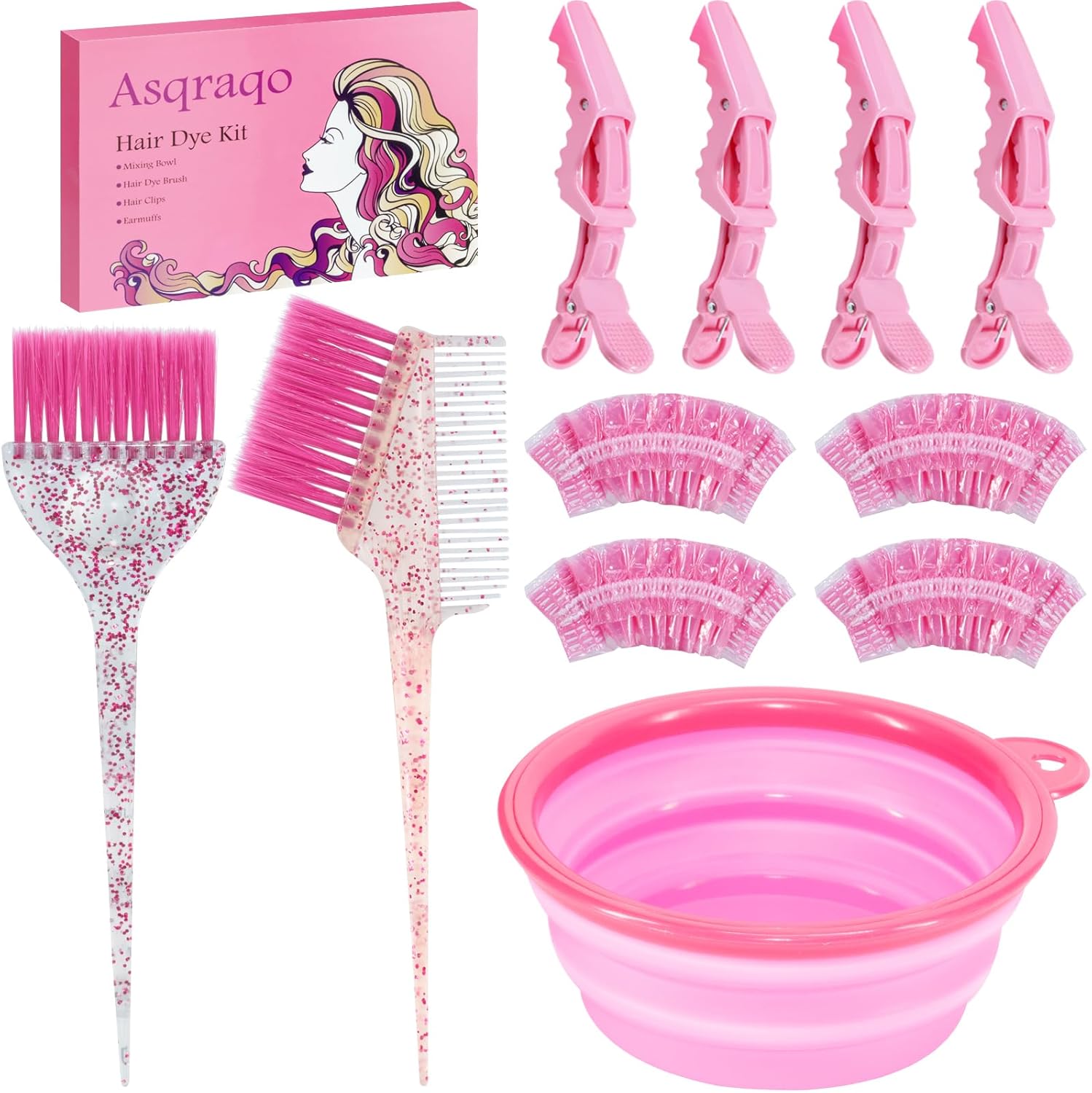 Asqraqo 11 piece hair coloring kit front view featuring pink collapsible bowl and professional salon brushes