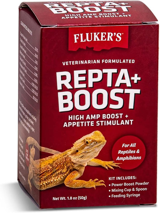 Fluker's Repta Boost 50 Grams front view packaging highlighting insectivore and carnivore reptile supplement formula.