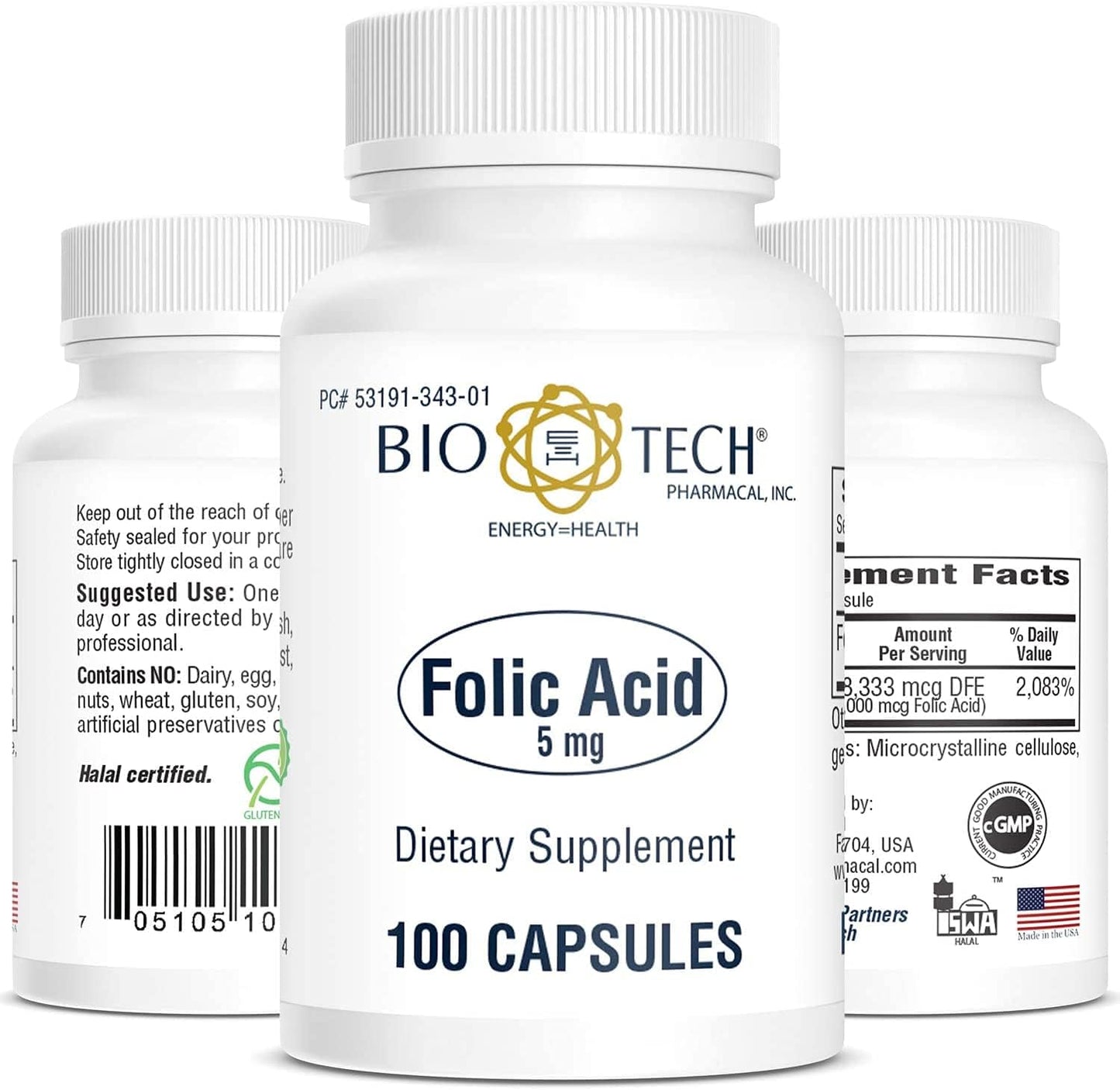 Bio-Tech Pharmacal Folic Acid 5 Milligrams bottle front view authentic USA import