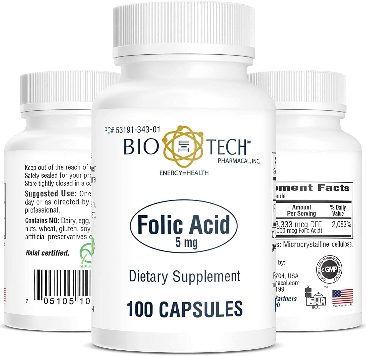 Bio-Tech Pharmacal Folic Acid 5 Milligrams bottle front view authentic USA import