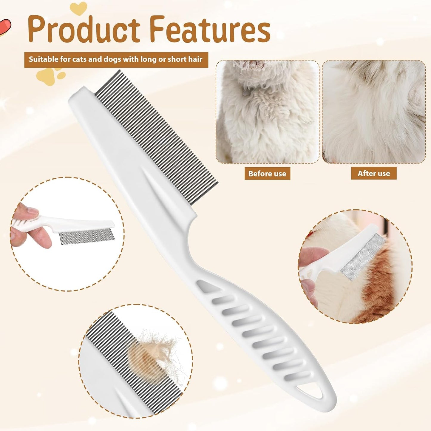 Eldraqth non slip ergonomic handle flea comb for cat grooming