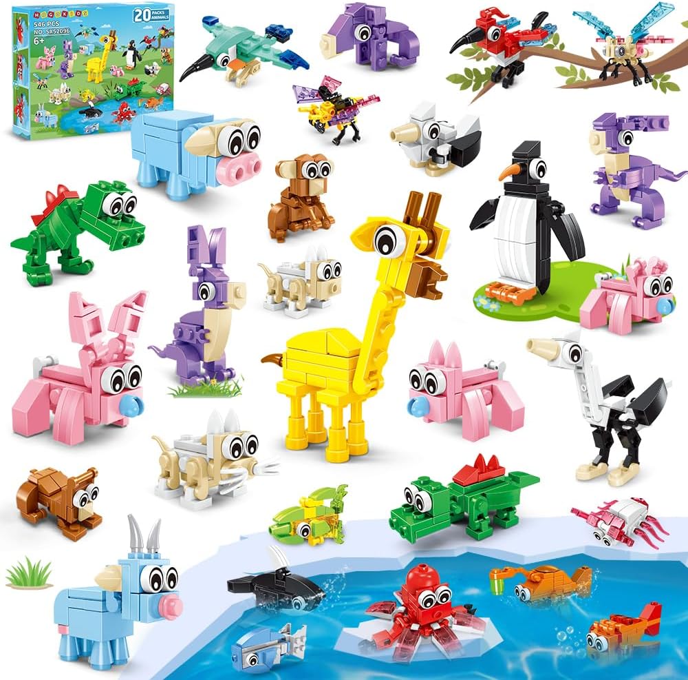 Hogokids mini animal building blocks twenty pack front view showcasing colorful packaging.