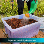 Hydrating the Repti360 coconut chip reptile substrate block in a large container with water.