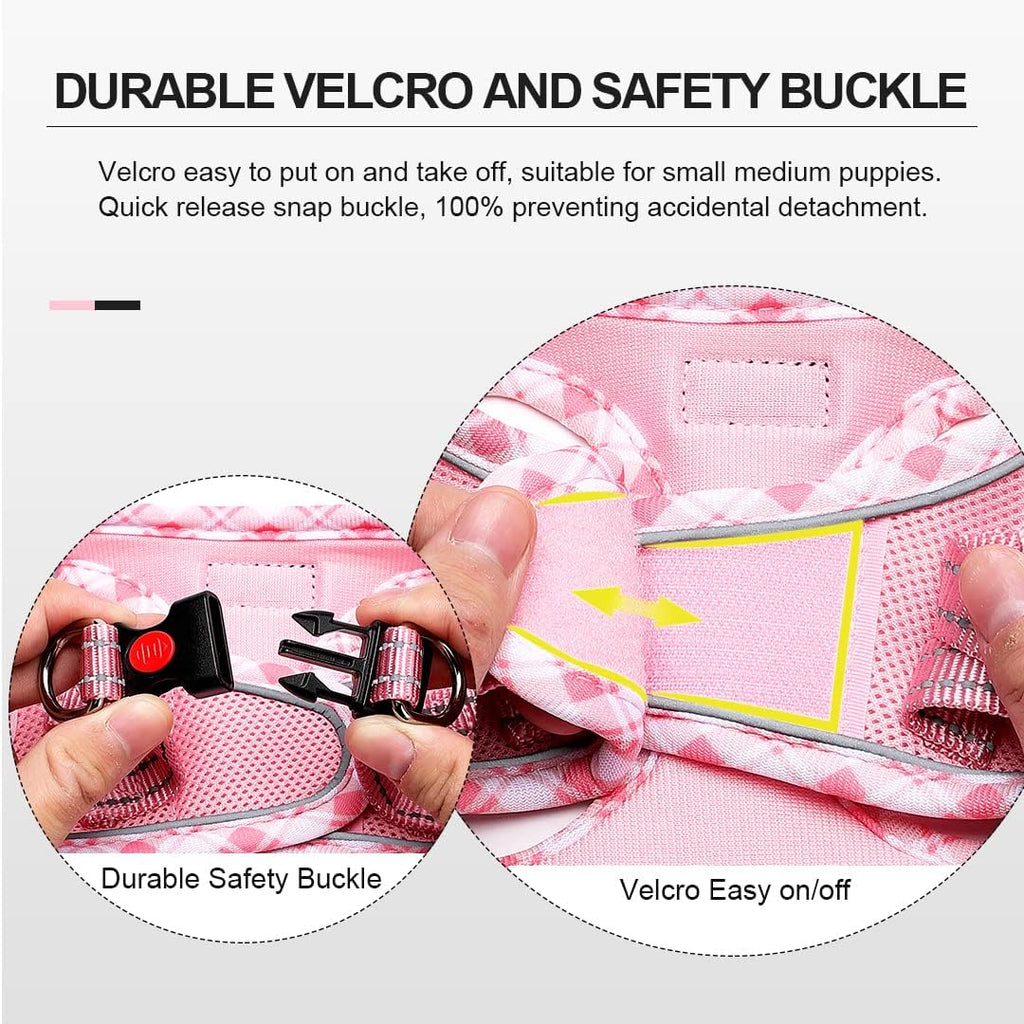 Mercano comfortable pink plaid air mesh no choke dog harness back view