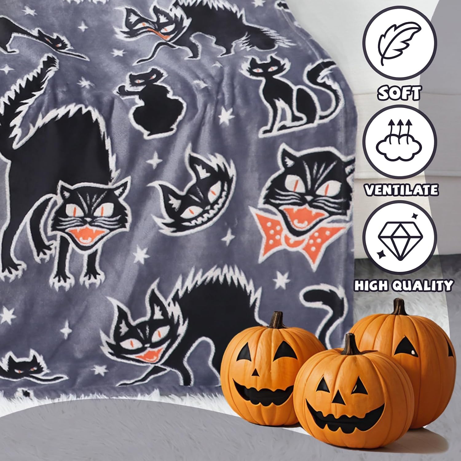 Gothic style holiday home decor featuring the black cat throw blanket on a bed.