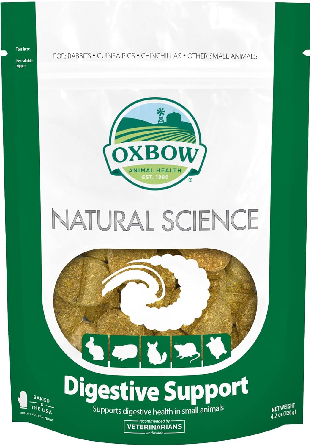 Oxbow Natural Science Digestive Support front view package showcasing premium high fiber small animal supplement.