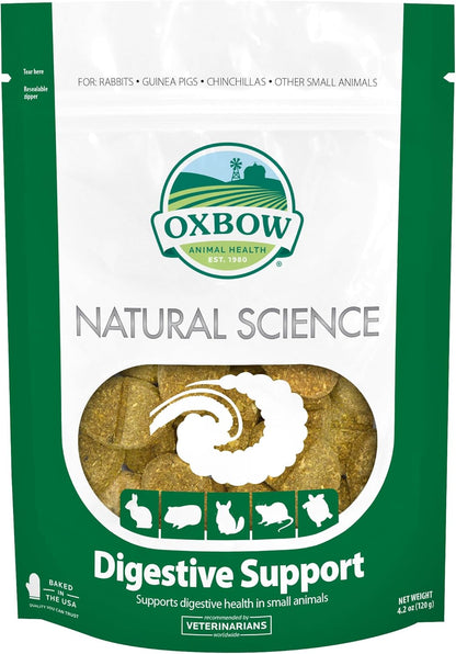 Oxbow Natural Science Digestive Support front view package showcasing premium high fiber small animal supplement.