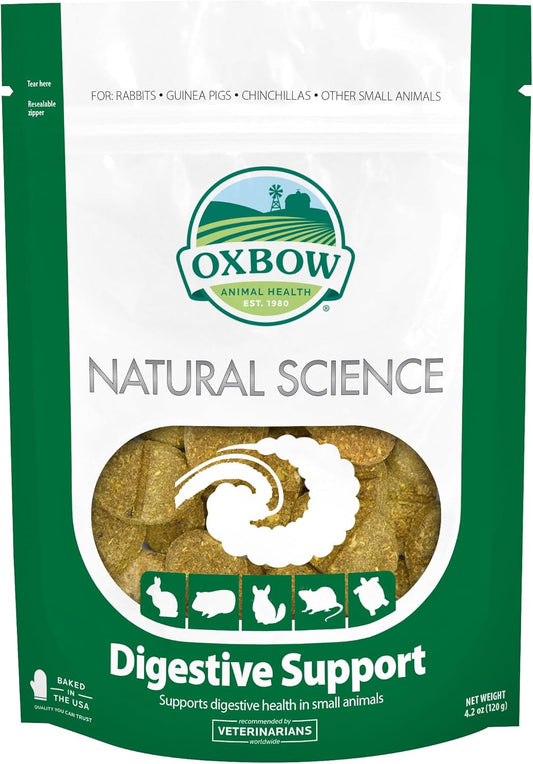 Oxbow Natural Science Digestive Support front view package showcasing premium high fiber small animal supplement.