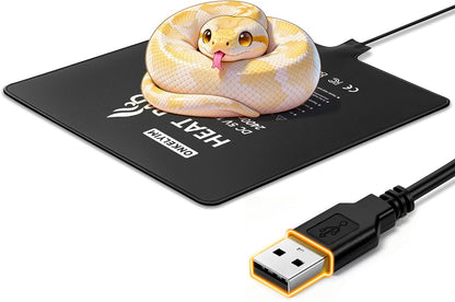 ONKELYIM USB reptile heat pad front view showing the twenty by twenty centimeter square waterproof surface and attached USB power cable.