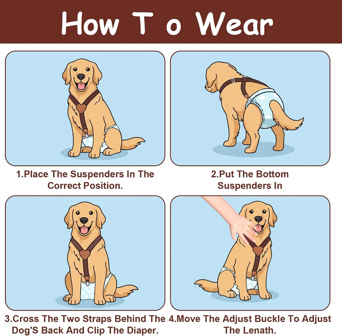 Machine washable elastic dog diaper harness straps with alloy clips