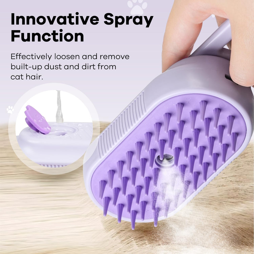 Purple pet misting brush showing the water reservoir fill port and power button details