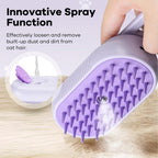 Purple pet misting brush showing the water reservoir fill port and power button details