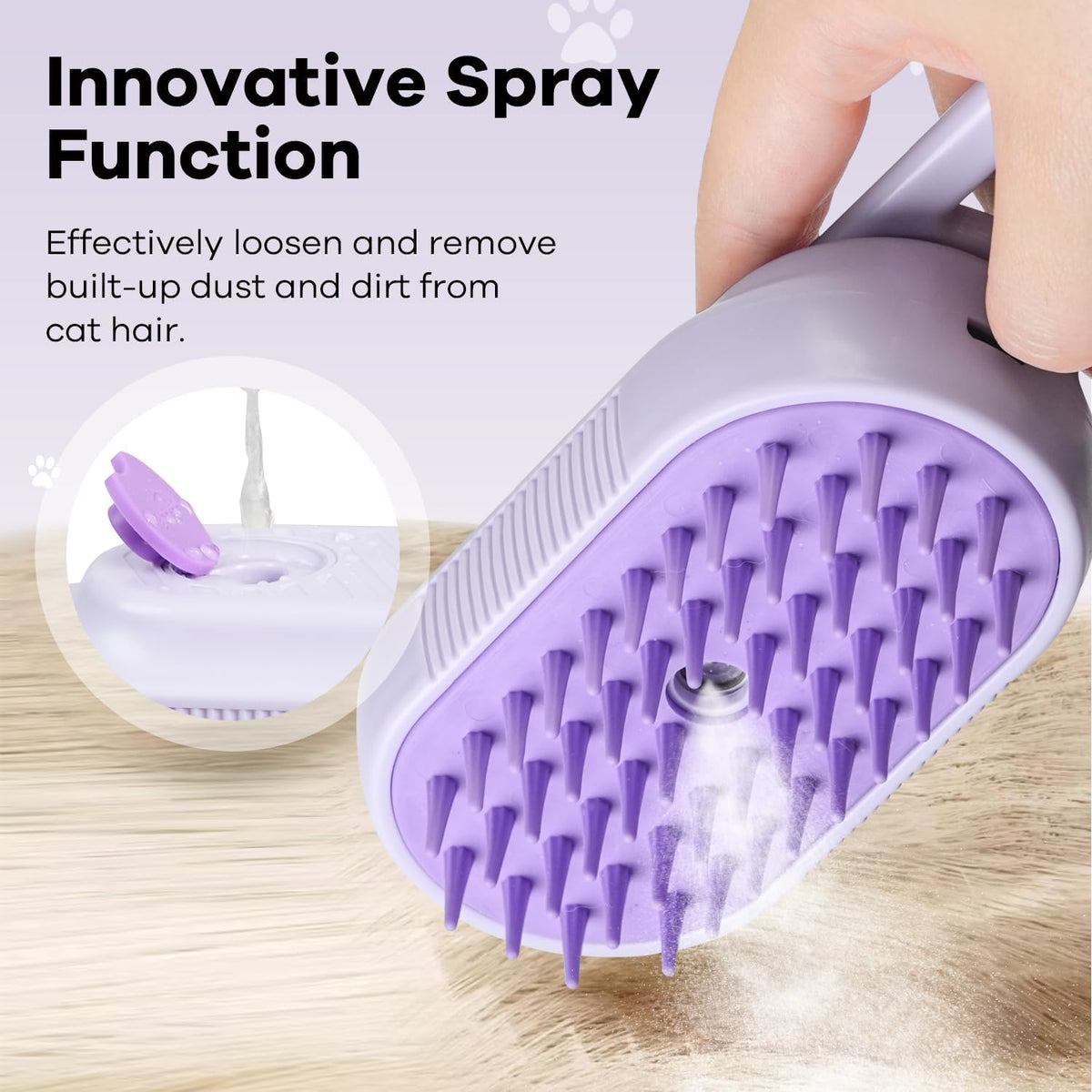 Purple pet misting brush showing the water reservoir fill port and power button details
