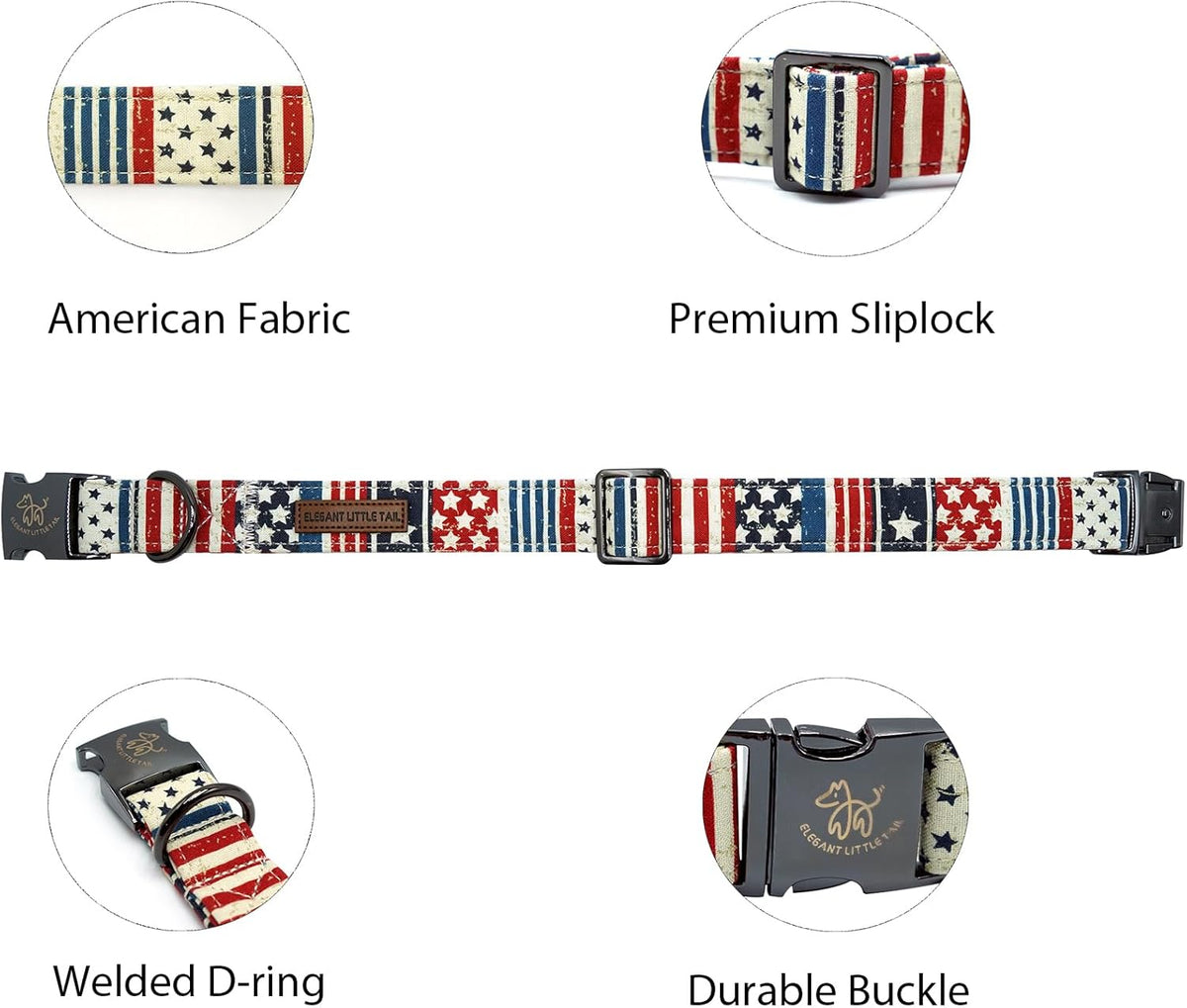 Close up of patriotic American flag print on pet collar