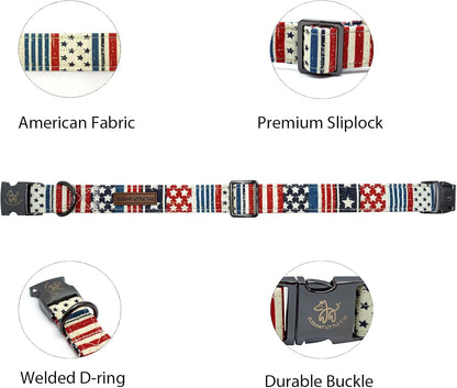 Close up of patriotic American flag print on pet collar
