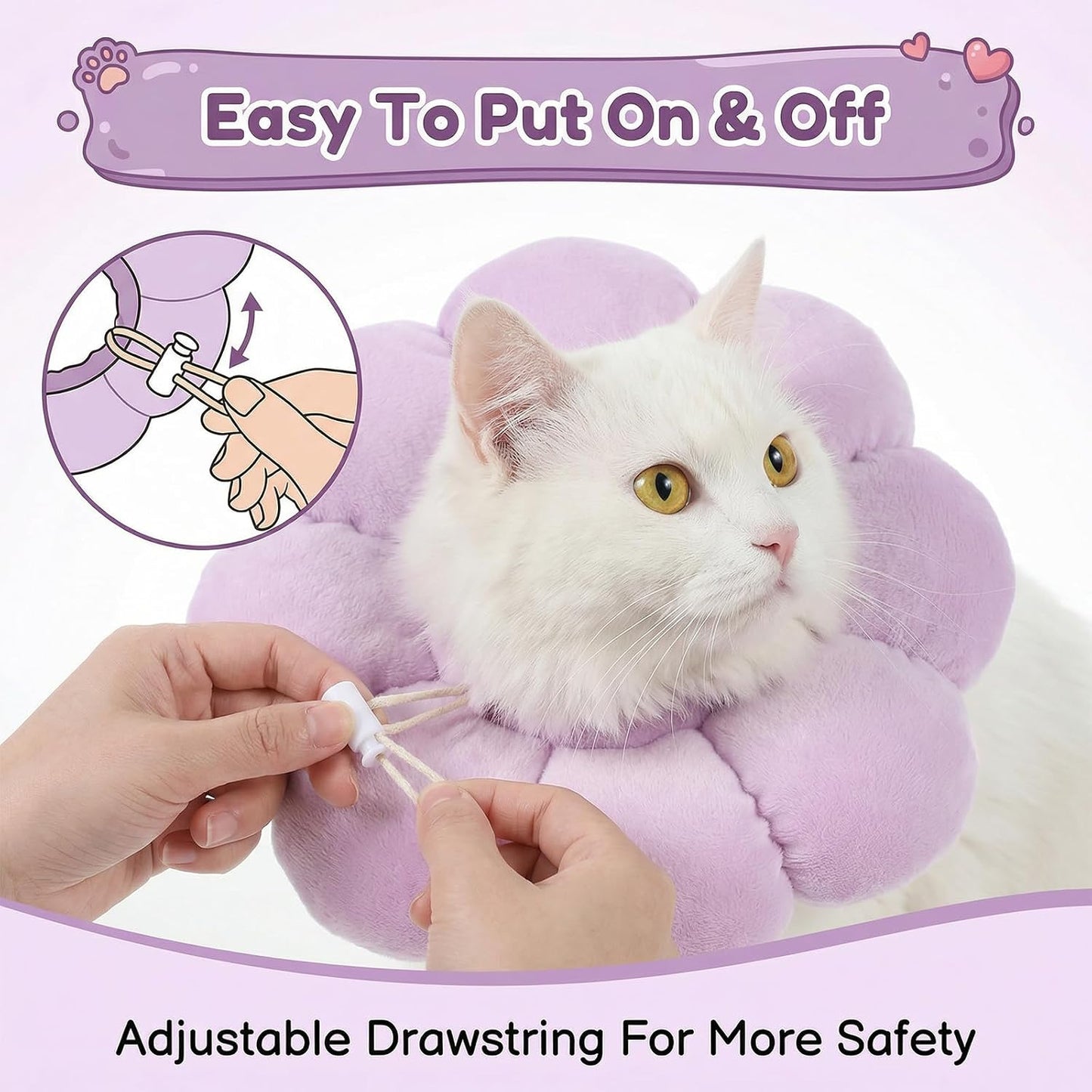 A small kitten comfortably eating food while wearing the lilac flower cone