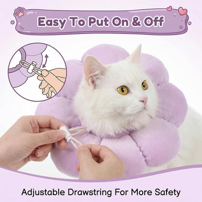 A small kitten comfortably eating food while wearing the lilac flower cone