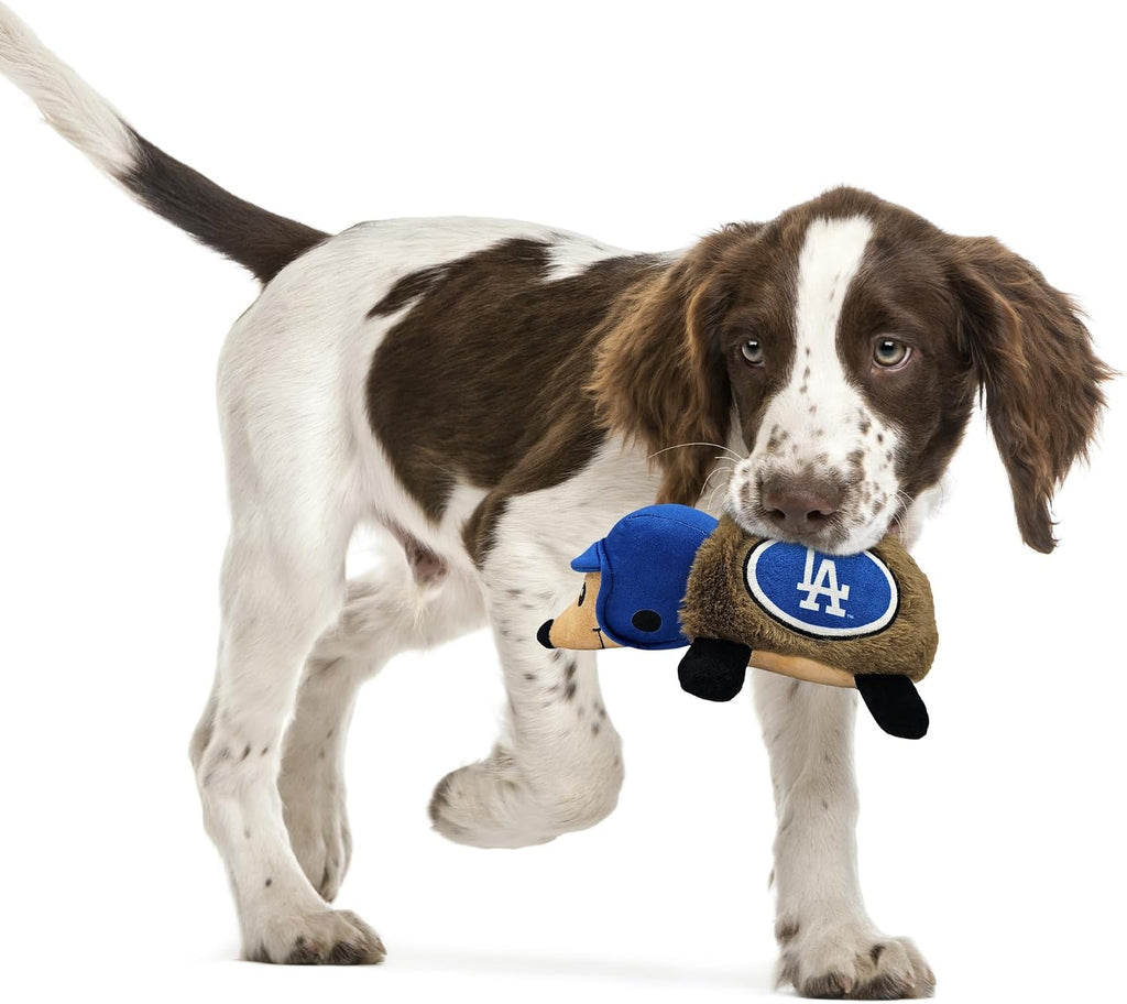 Authentic MLB Los Angeles Dodgers pet toy packaging and official sports league licensing details.