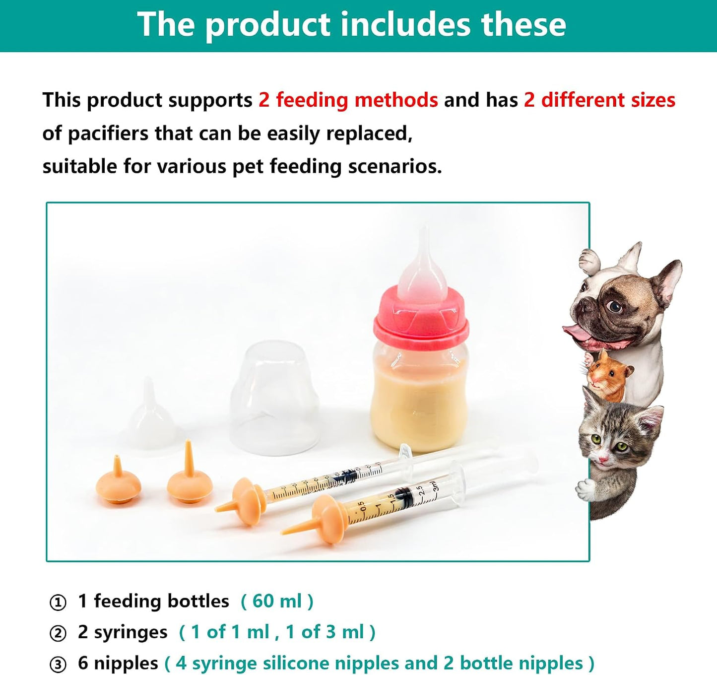 Pet Feeding Bottle and Syringe Set for Puppies and Kittens(1 Bottles,2 Syringes,6 Nipples), Pink - Image 4