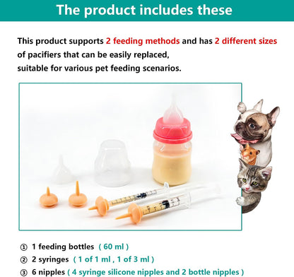 Pet Feeding Bottle and Syringe Set for Puppies and Kittens(1 Bottles,2 Syringes,6 Nipples), Pink - Image 4