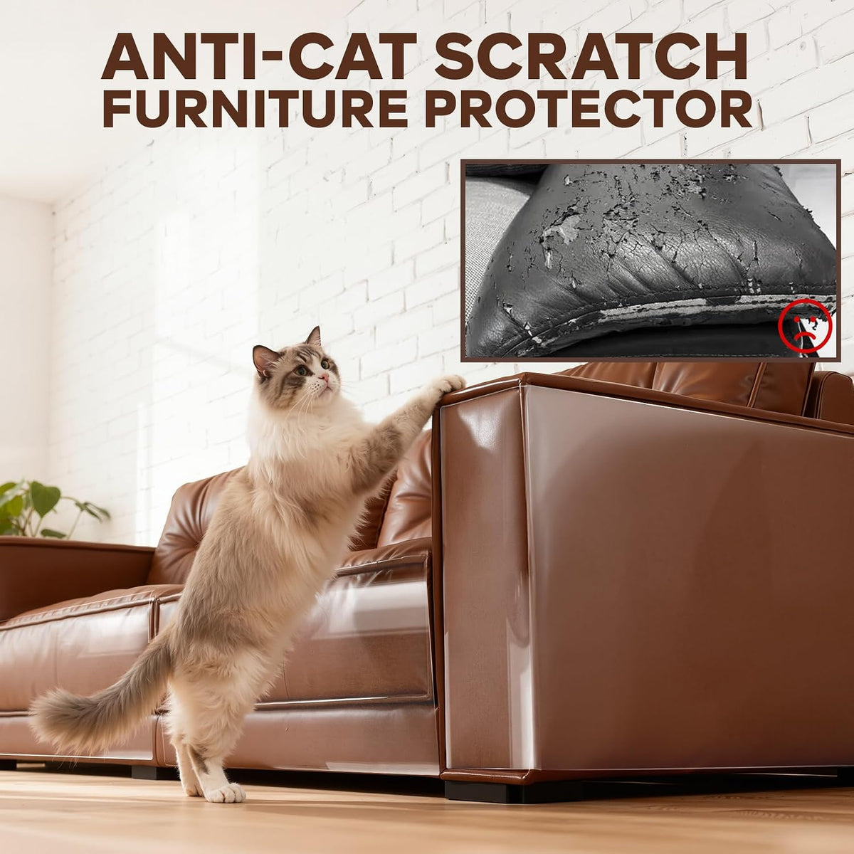 Transparent anti-scratch tape applied to leather sofa corner