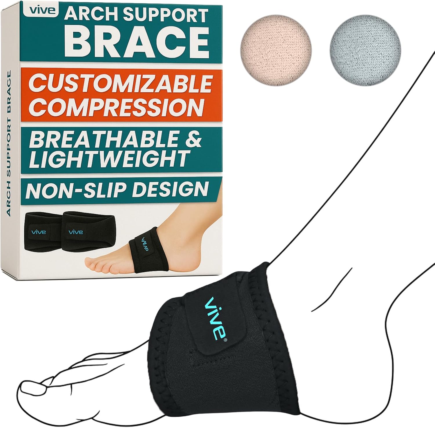 Vive Foot Arch Support Brace pair front view showing gray neoprene material.