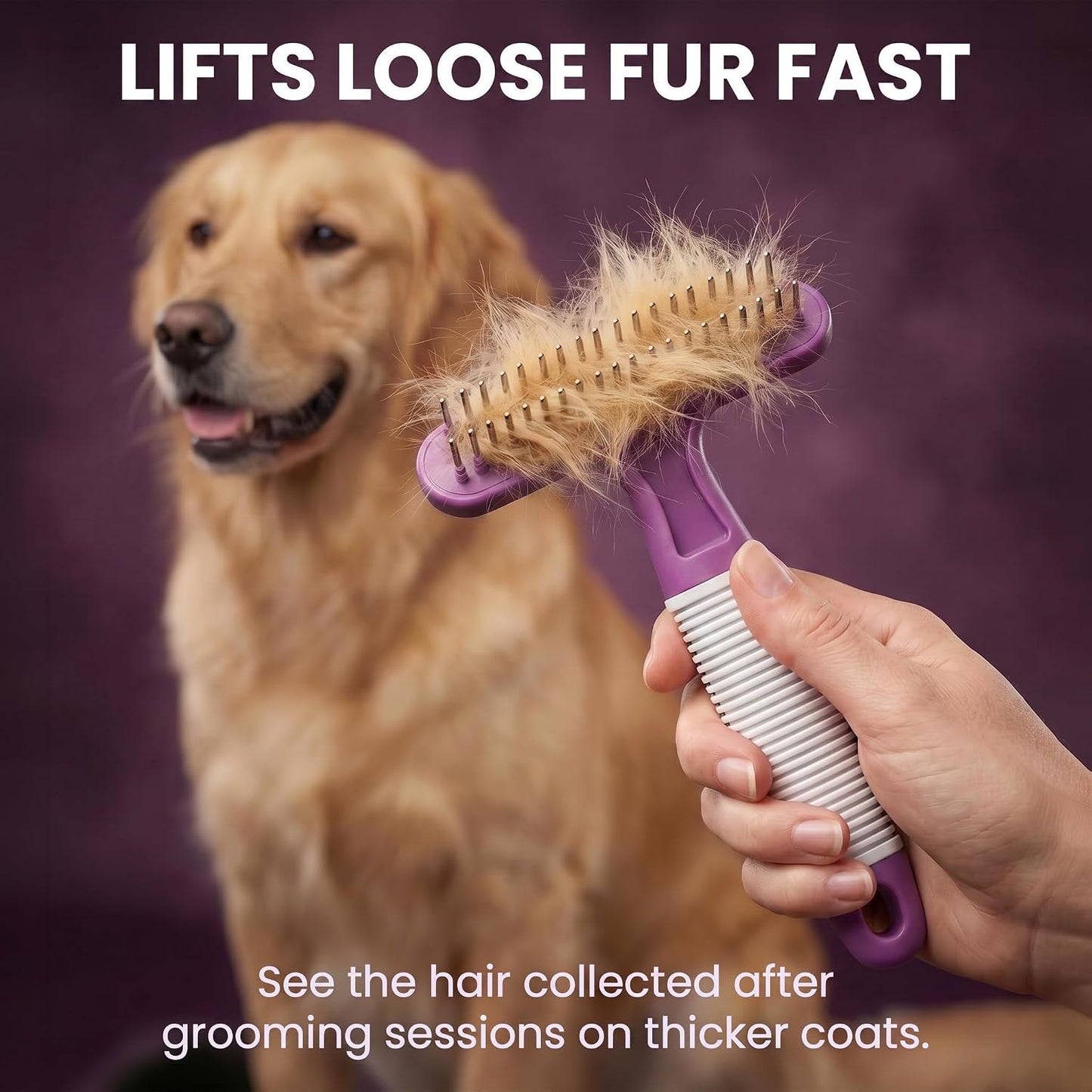 Purple handle pet dematting brush for dogs and cats