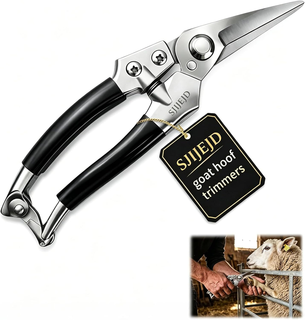 SJIJEJD goat hoof trimmers front view showing silver stainless steel blades and black handles.