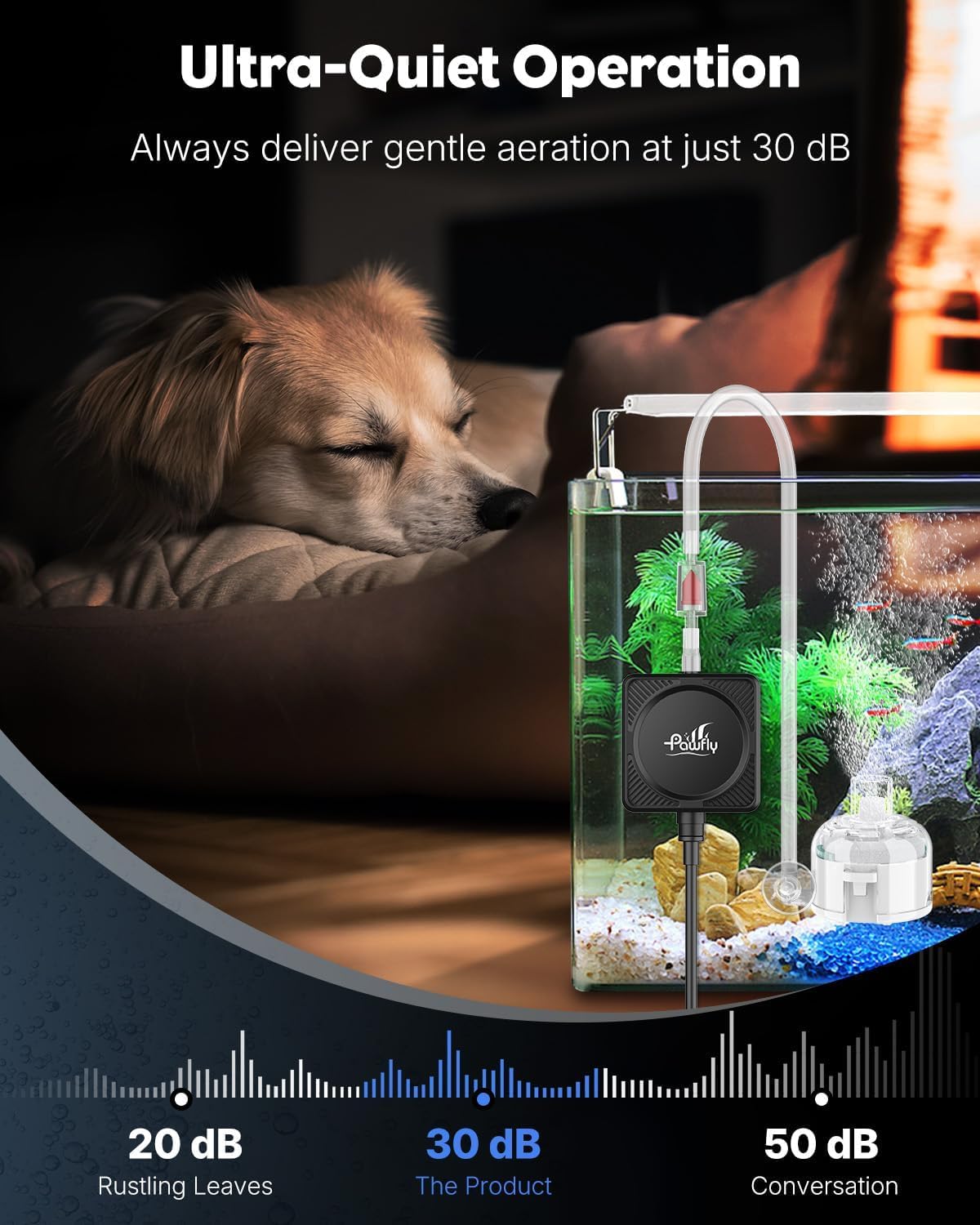 Pawfly nano silent oxygen aerator mounted on fish tank glass