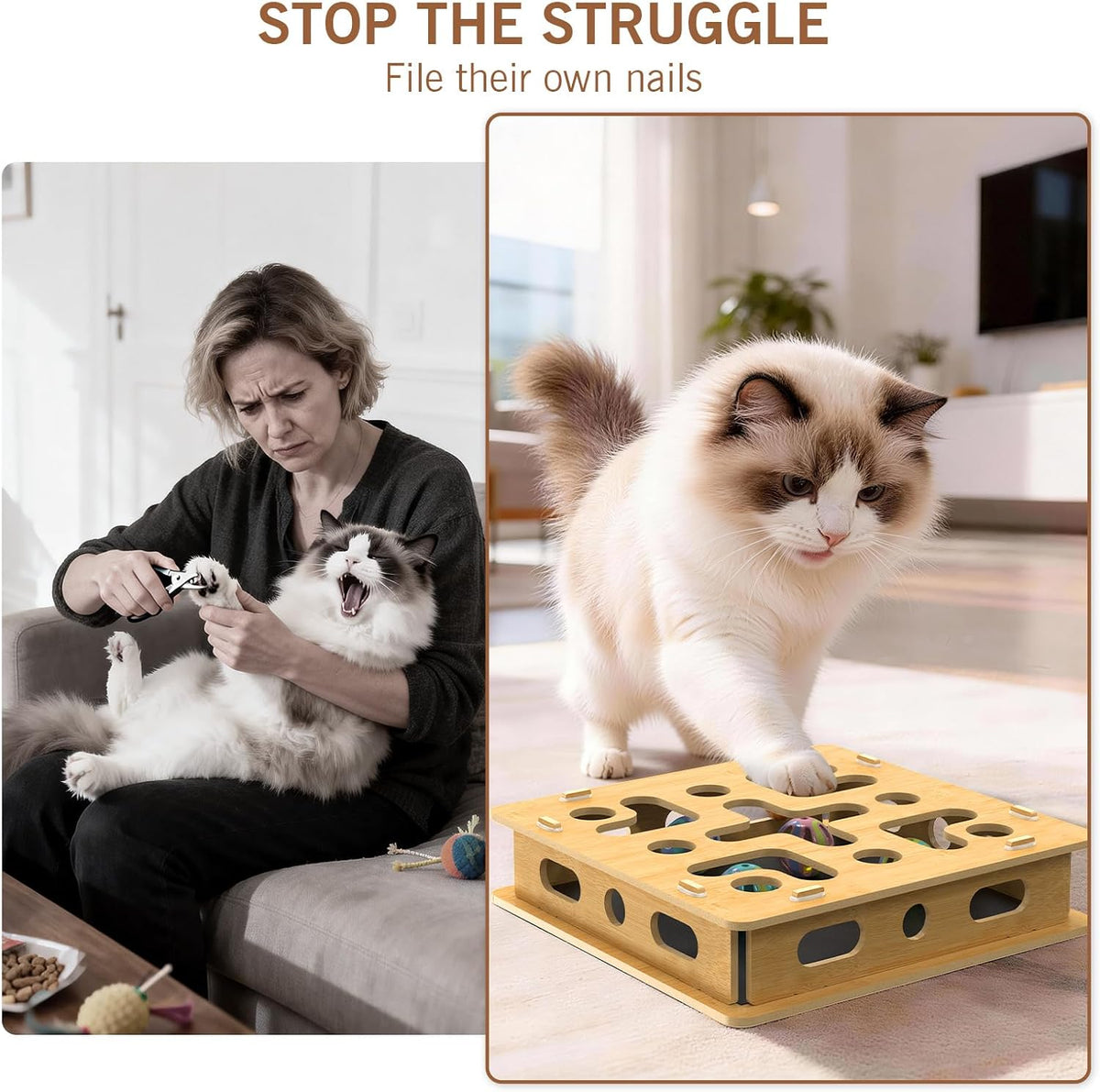 Interactive cat scratch puzzle enrichment box with interior sandpaper pads for natural claw filing.