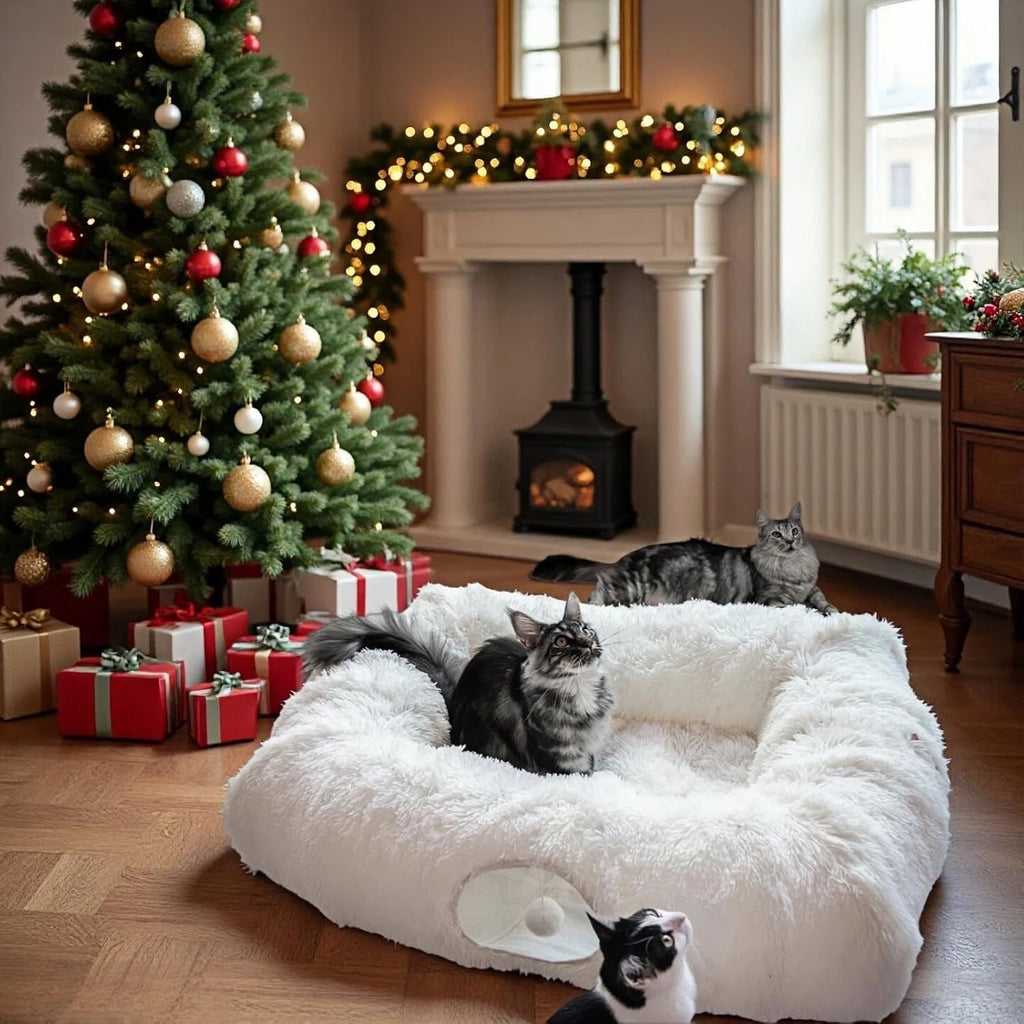 Detached view of the plush central cushion resting next to the main XxingSheep flexible cat cave structure