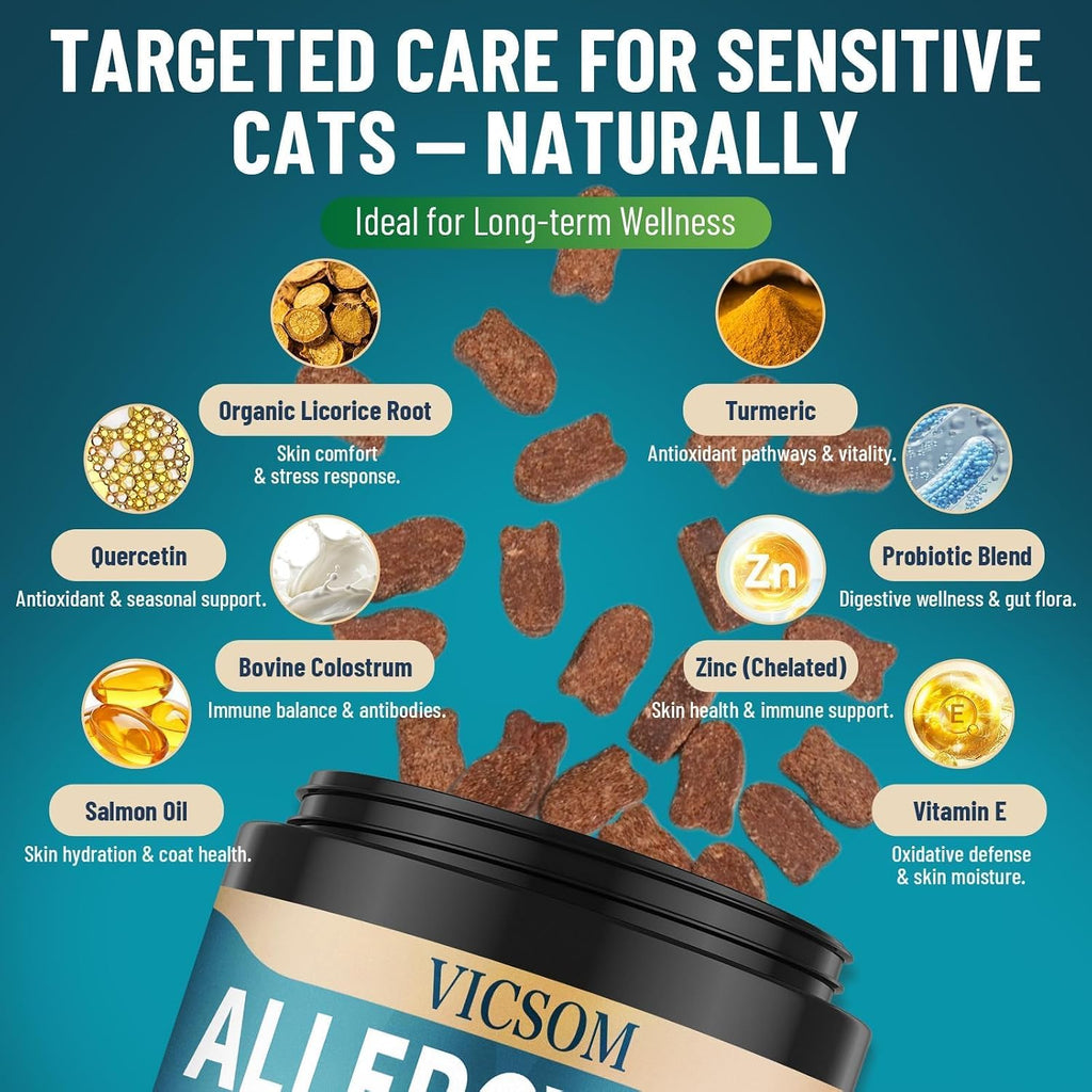 VICSOM seasonal allergy relief for cats showcasing skin and coat benefits