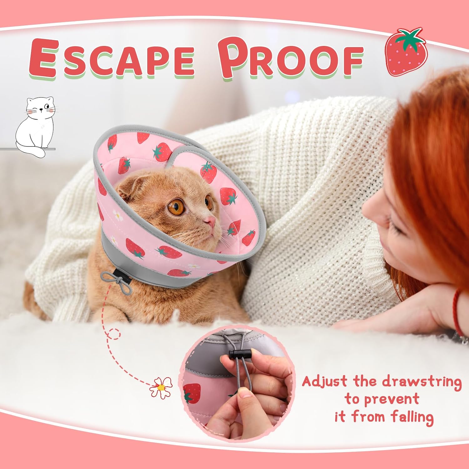 Kitten wearing soft pink strawberry Elizabethan collar sleeping comfortably