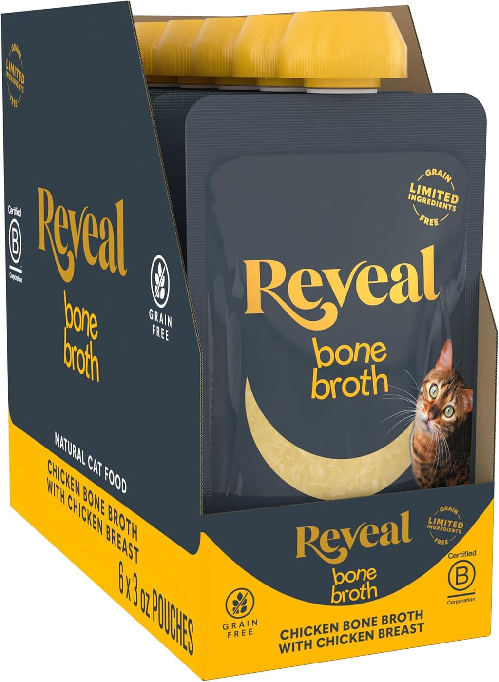Reveal fish bone broth with collagen for healthy cat joints and coat.