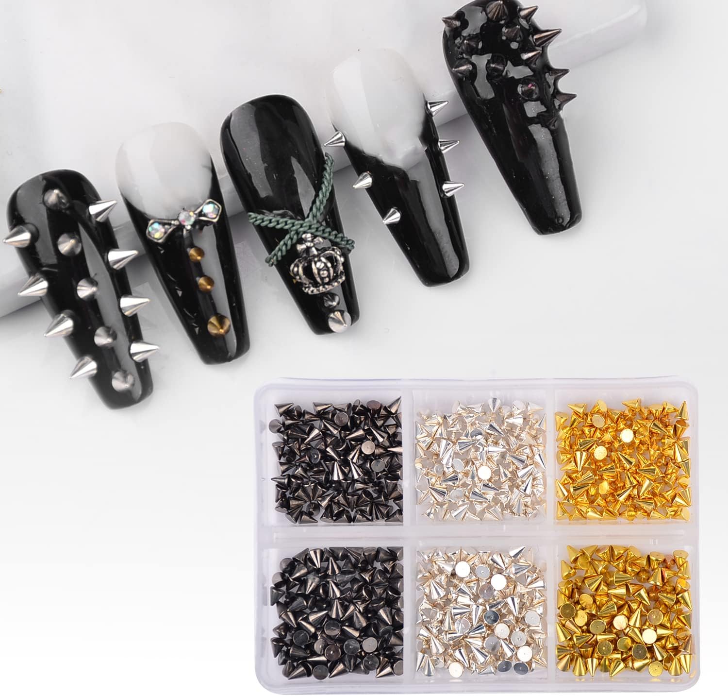 DSHIJIE punk cone metallic spike studs front view showcasing assorted silver black and gold nail charms
