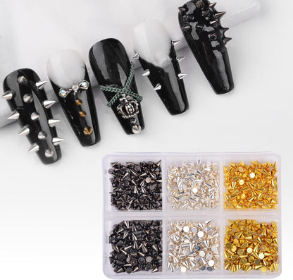 DSHIJIE punk cone metallic spike studs front view showcasing assorted silver black and gold nail charms