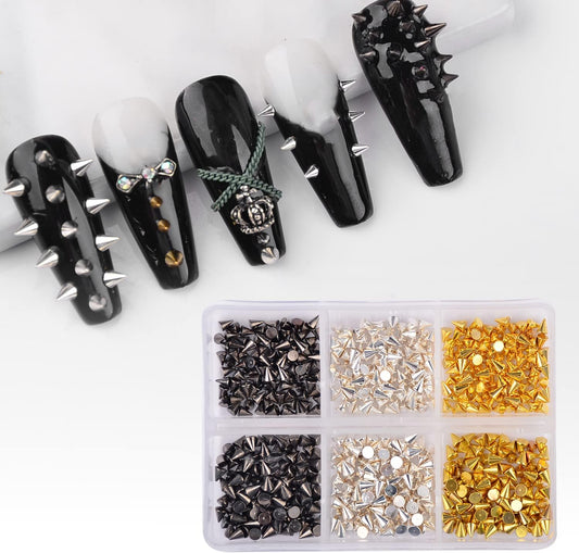 DSHIJIE punk cone metallic spike studs front view showcasing assorted silver black and gold nail charms