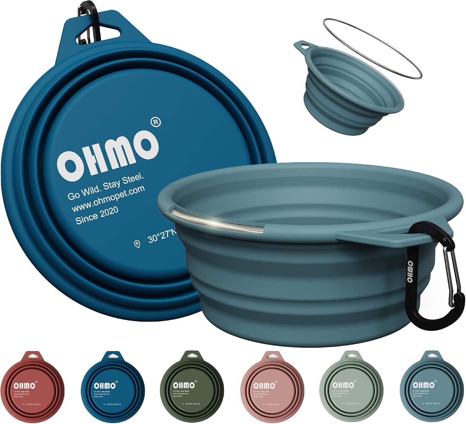 OHMO portable pet feeding bowls attached to a travel backpack