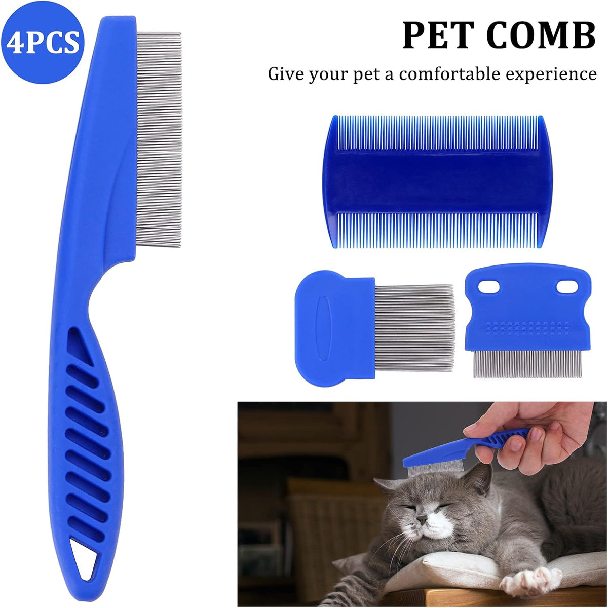 Molain Cat Dog Flea Comb, Pet Tear Stain Remover Comb Set Pet Dog Cat Grooming Comb (4 Pieces) - Image 2