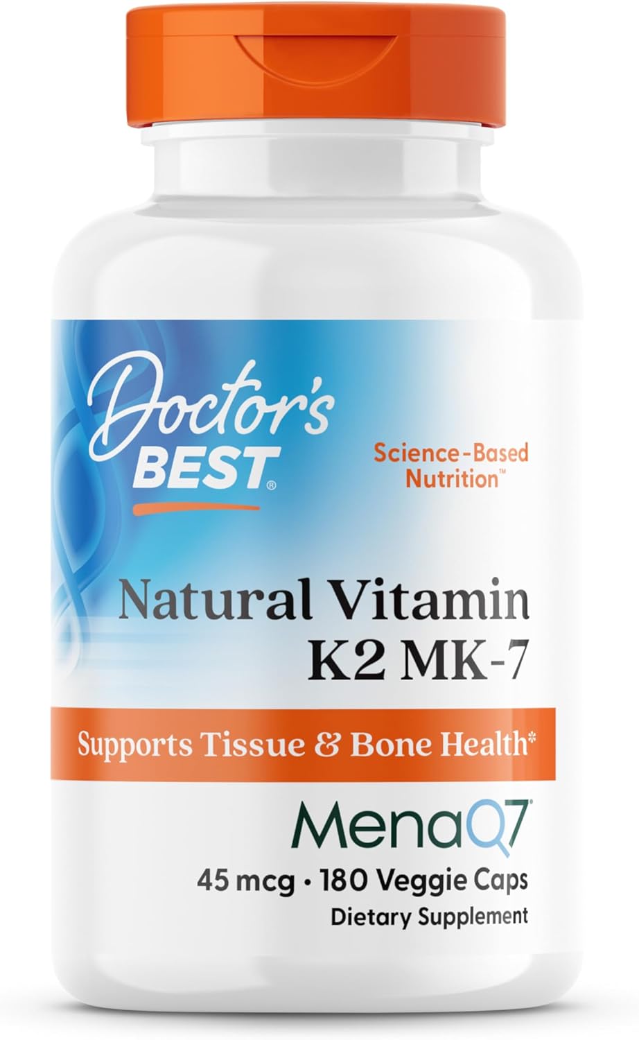Premium imported Doctor's Best Vitamin K2 MK7 vegetarian capsules bottle showcasing the MenaQ7 trademark logo.