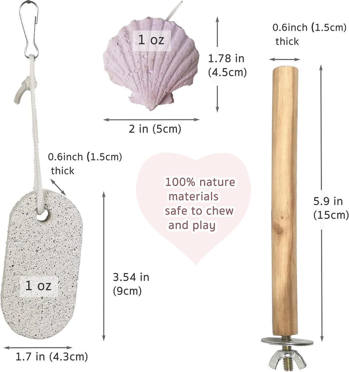 Natural wood bird perch stand with metal bolt for cage installation
