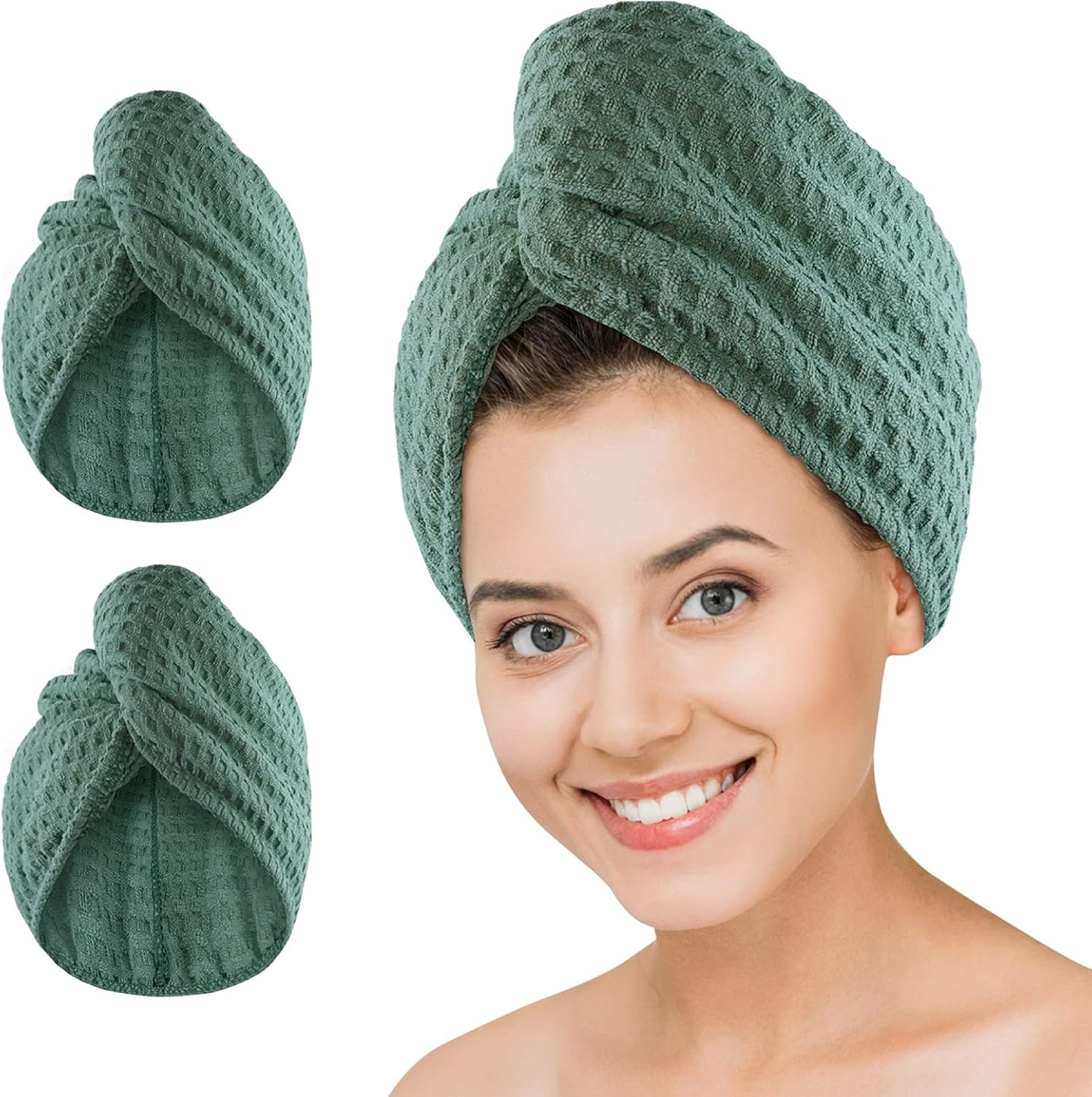 Dolwis green microfiber hair drying towel turban front view