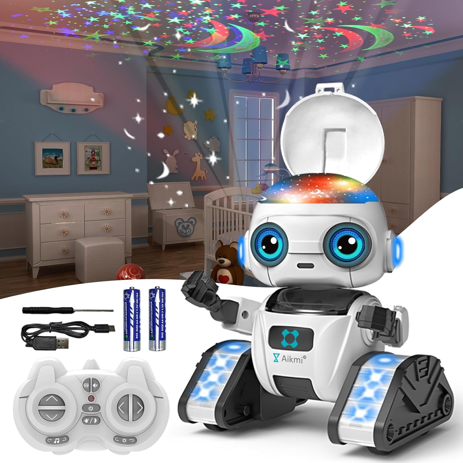 Aikmi rechargeable robot toy front view with white body