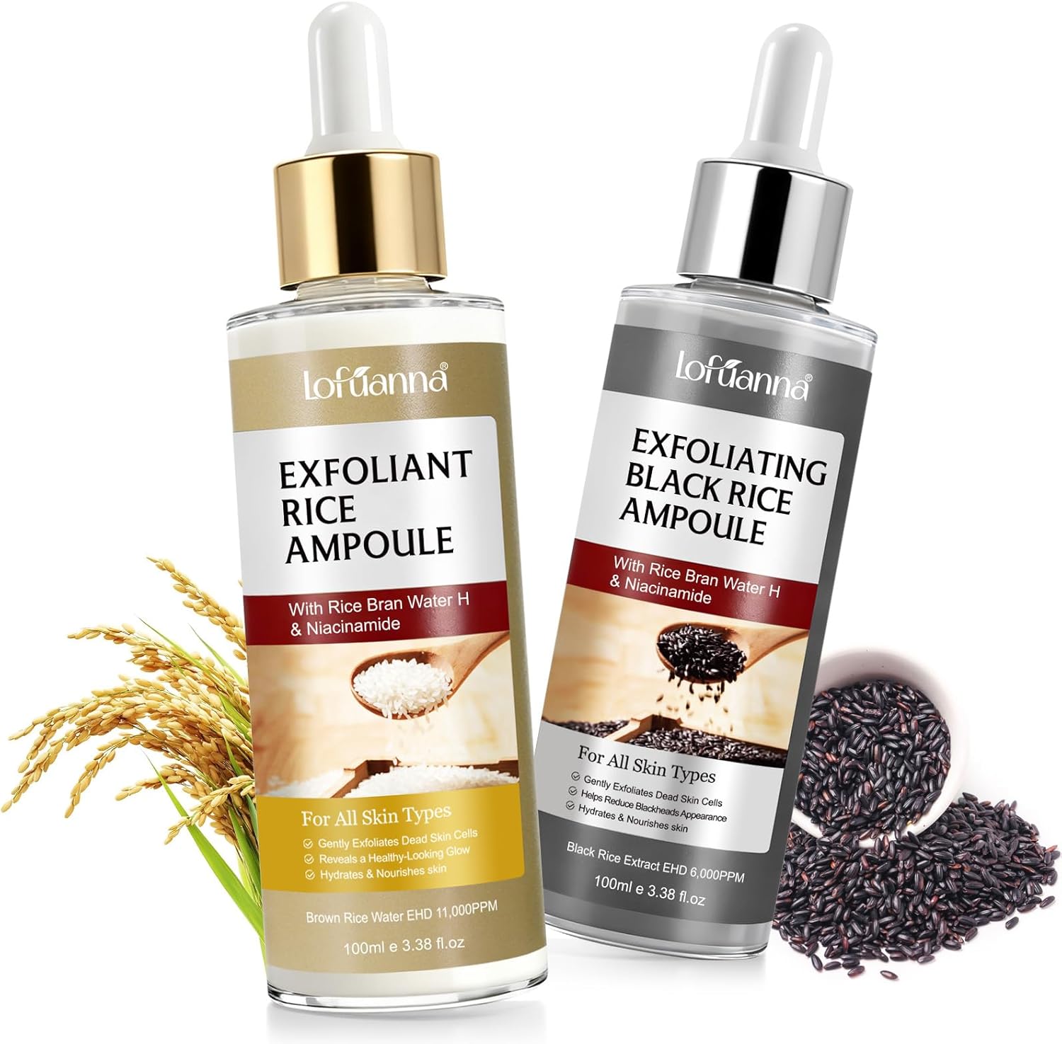 Lxitian Glow Rice Ampoule Duo front packaging view featuring the black and white rice exfoliating serum bottles.