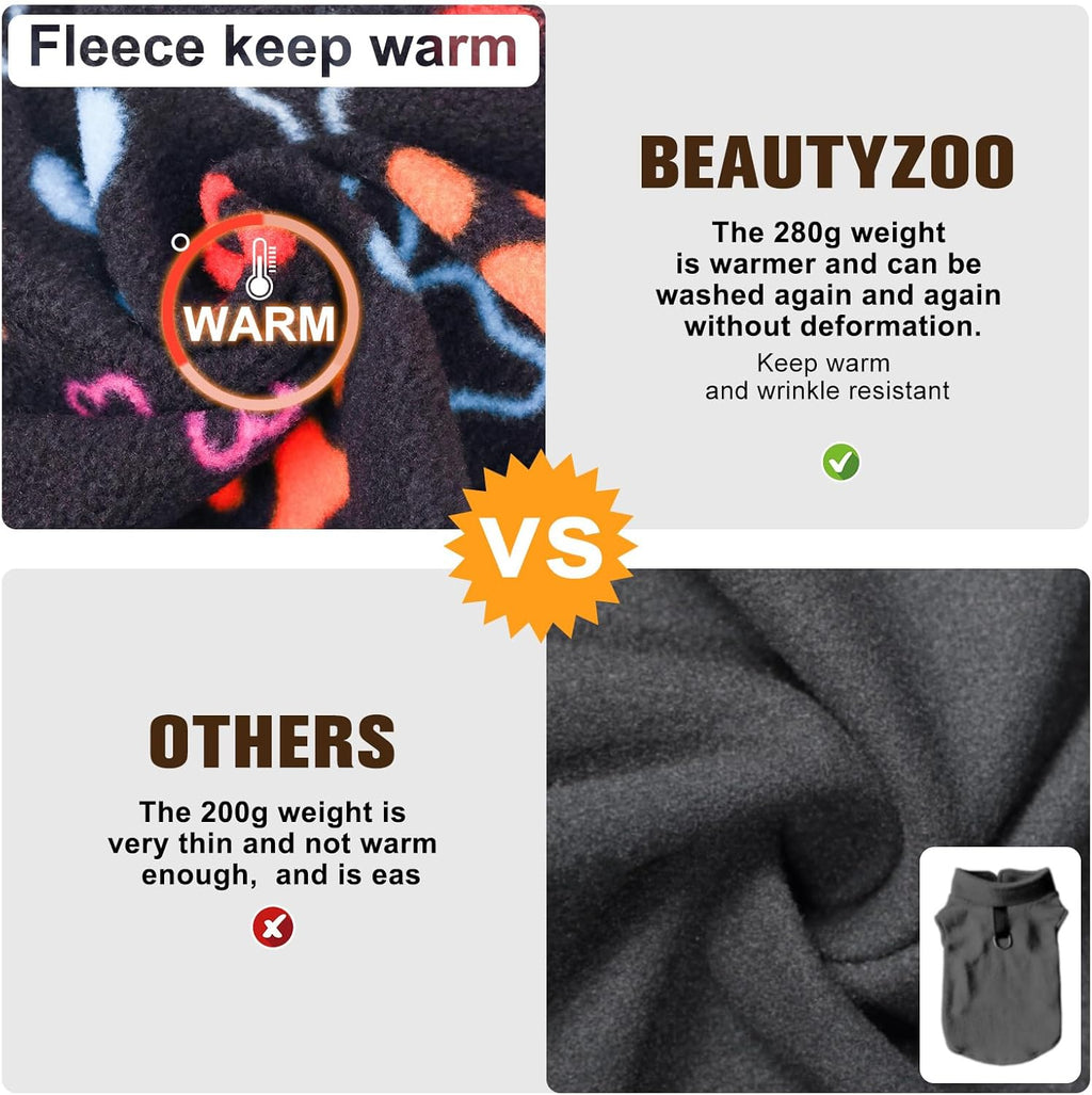 Small dog walking in park wearing Beautyzoo fleece sweater
