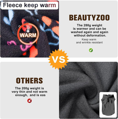 Small dog walking in park wearing Beautyzoo fleece sweater