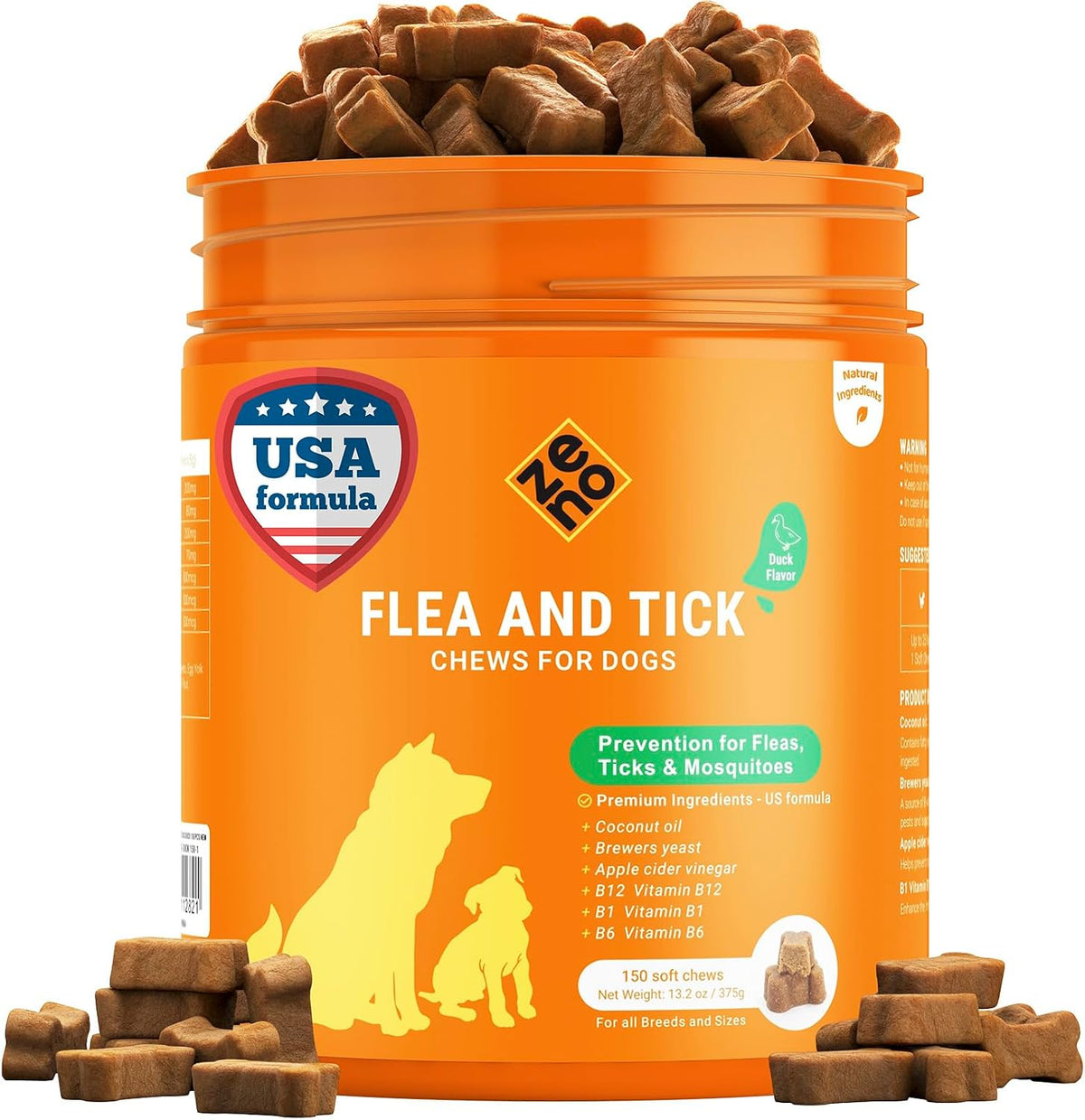 Pet supply health supplement container for canine flea defense.